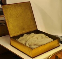 Open tin box with the vegetable fibres wrap that were used to protect the codex leaves during the move from Russia